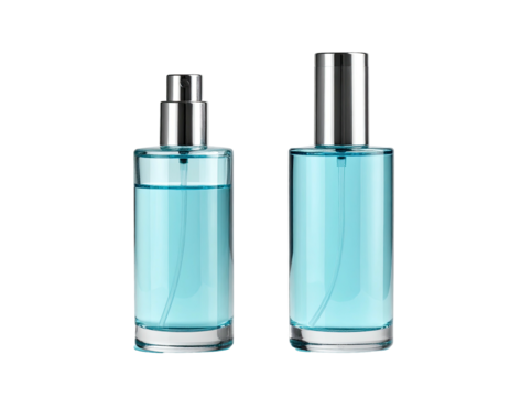 Two light-blue glass perfume bottles