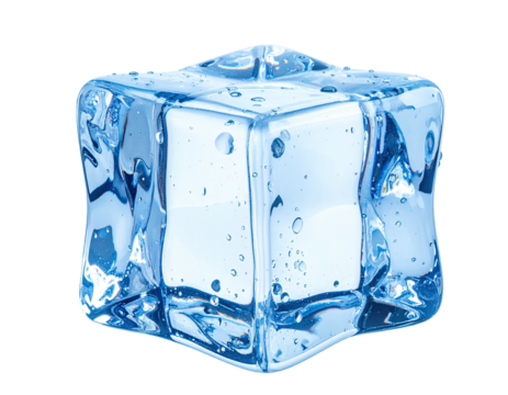 A transparent ice cube with water droplets