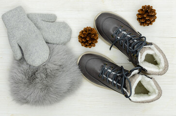 Warm Winter Boots and Mittens with Pinecones on a White Wooden Background