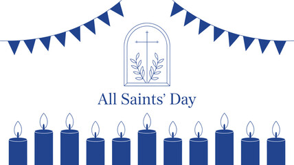All Saints’ Day graphic with arched cross emblem, blue candles, and pennant flags, symbolic design for spiritual remembrance and celebration