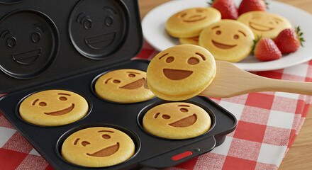 Smiley face pancakes being served on a red checkered tablecloth  