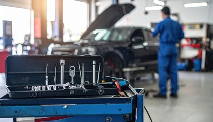 Obraz premium Mechanic working on a car in a garage with tools in the foreground.