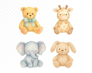 Adorable watercolor set of baby animals — teddy bear, giraffe, elephant and bunny, soft pastel nursery illustration perfect for newborn decor and baby shower art. Vector illustration.