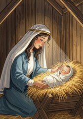 Mary and Baby Jesus in Manger Illustration