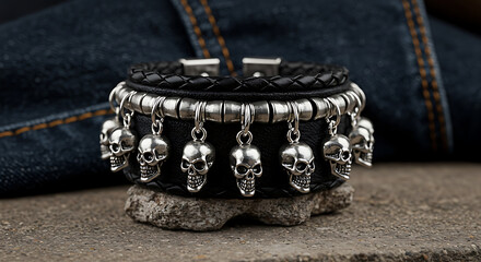 Silver skull bracelet on black leather strap with denim background  