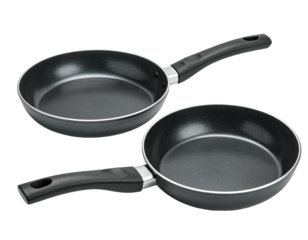 Two round frying pans, dark gray, black handles