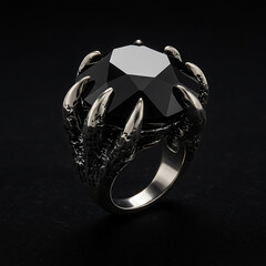 Black gemstone ring with claw design on dark background  