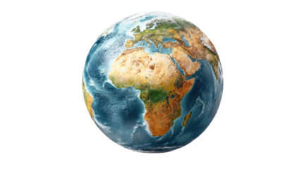 Detailed 3d planet earth globe showing africa europe asia continents geography world map sphere isolated on white background