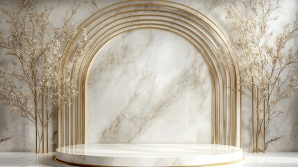 Elegant marble podium, gold arches, floral background; product display