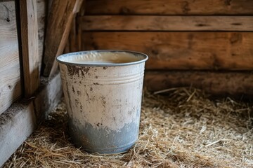 Fototapeta premium Rustic metal milk bucket filled with fresh farm milk on a bed of hay inside a wooden barn, representing traditional dairy farming and rural life.