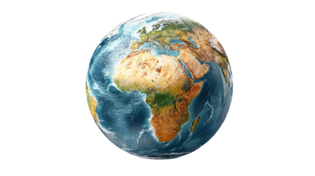 Detailed 3d planet earth globe showing africa europe asia continents geography world map sphere isolated on white background