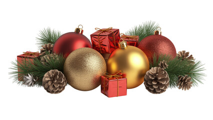 Festive Holiday Display with Ornaments, Pinecones, and Gifts