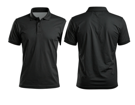 Front and back view of a dark gray polo shirt.  A blank template