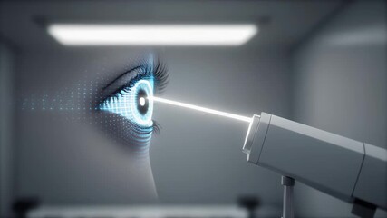 Futuristic eye scan laser treatment digital grid overlay medical technology innovation close up 4k video - Powered by Adobe