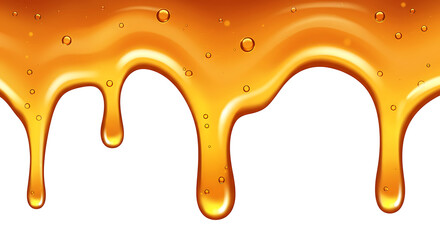 Golden honey dripping with droplets on a white background  