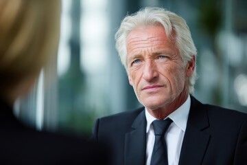 Senior Businessman Engaging in Intense Conversation in Modern Office Setting.