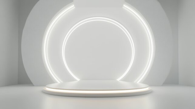 White futuristic stage, glowing circles backdrop, product display, minimal background