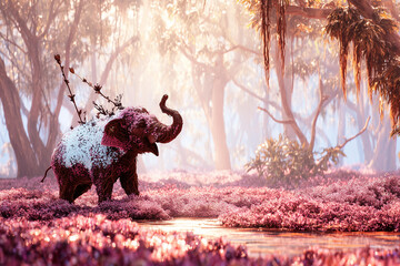 Sacred elephant adorned with white flowers and gold walking through a misty, sunlit magical forest.