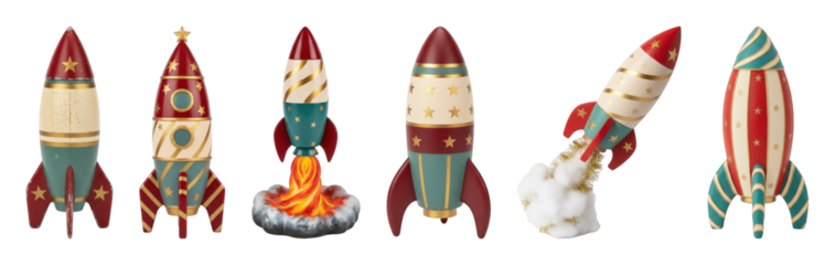 Decorative retro rocket set including various poses, patterns, and launch effects isolated. Festive celebration and space themed collection.