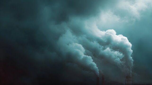 Industrial smokestacks release dense plumes of dark smoke into a moody overcast sky