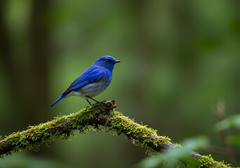 Fototapeta premium A vibrant blue bird perched on a moss-covered branch in a lush green forest.