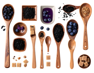 Assorted teas and sweeteners in wooden spoons and bowls
