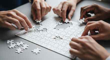 Multiple hands collaboratively assemble a white jigsaw puzzle, symbolizing teamwork, problem-solving, and shared success in achieving a common goal