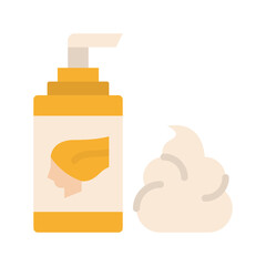 Flat Icon of a Yellow Pump Bottle Dispensing Cream Next to a Swirl of White Foam on a Transparent Background Representing Beauty Salon Products and Hair Care