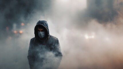 Obraz premium A person in a hooded jacket and face mask walks through a dense smog filled urban environment