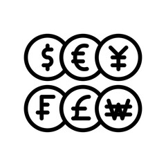 Global Currency Symbols Arranged in Two Rows Featuring Dollar Euro Yen Franc Pound and Won Icons on Transparent Background