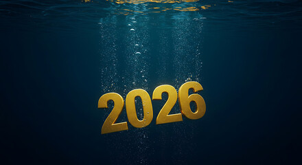 Golden numbers 2026 submerged in water with bubbles rising  
