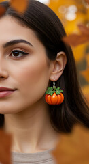 Woman with pumpkin earrings smiling among autumn leaves  