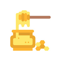 Golden Honey Dripping From Dipper Into Glass Jar Next To Honeycomb On Transparent Background Flat Icon