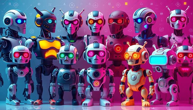 Multiple robot icons, diverse designs, futuristic technology,  robotic,  multiple