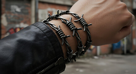 Hand with barbed wire bracelets on street background  