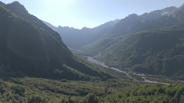 View from top of the Albanian peak down to the valbona valley during autumn hiking season