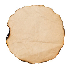 Yellow paper edge burning, flames consuming corner. Vintage aged paper with empty space. Aged parchment paper with burnt edges isolated on transparent background