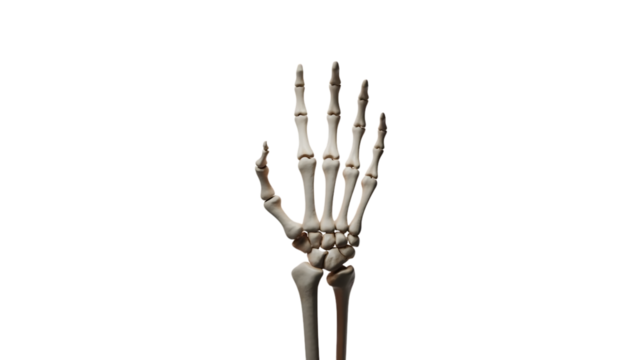 Anatomical hand skeleton ideal for medical education and Halloween themed designs, showing bones, joints, and structure for science projects and spooky illustrations