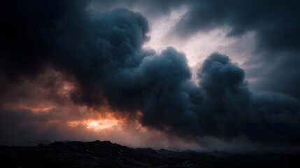 Dramatic dark storm clouds gather illuminated by an ominous orange glow from below casting a somber mood over a desolate textured landscape