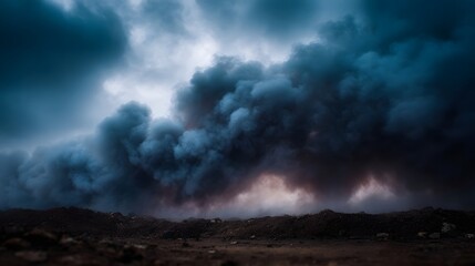 Fototapeta premium Dramatic dark smoke billows against a turbulent moody sky over rough barren ground