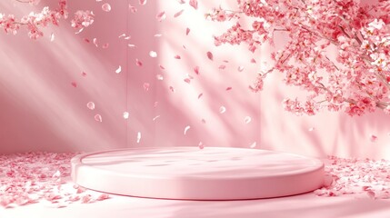 Pink product display, cherry blossom background, spring scene, petal fall, advertising