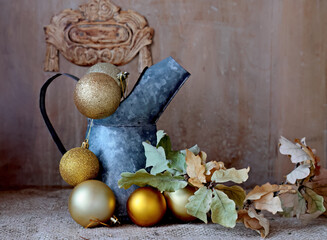 Christmas decoration on table with dry oak tree branch