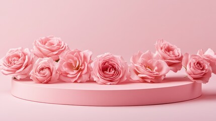 Pink roses on pedestal, pastel background, feminine, product display