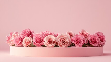 Pink roses on pastel platform, minimalist background, product display, Valentine's Day