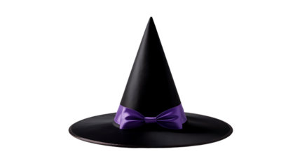 Enchanting witch hat with purple bow, perfect for Halloween designs and spooky season promotions, adding a touch of magic to your creative projects.