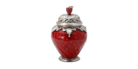 Elegant strawberry-shaped ceramic jar with ornate silver lid and finial, perfect for luxury kitchen decor or gift.