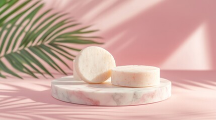 Two soap bars on marble, pink background, palm leaf, sunlight, product photography