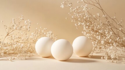 Three white spheres, beige background, dried flowers, minimalist product display