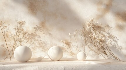 Minimalist beige spheres and dried flowers, sunlit backdrop, product display