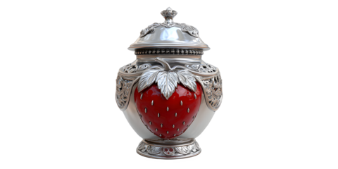 Exquisite ornate silver jar with vibrant strawberry motif, a luxurious statement piece for elegant decor
